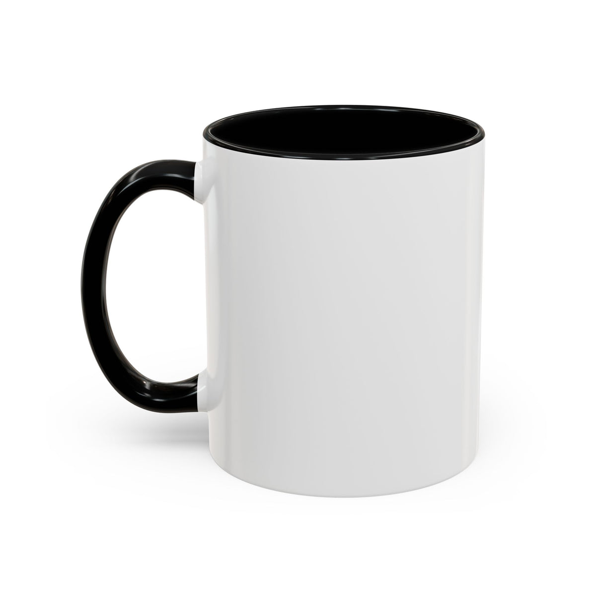 Opposite unprinted side of the Fixed It. Don't Ask How. mug, black handle on the left