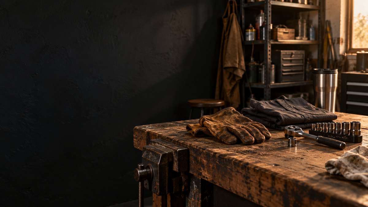 A worn workshop bench with leather gloves, hand tools, a folded work shirt and travel tumbler in warm evening light.